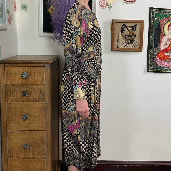 Vintage Faux Patchwork Print Dress, 1990s Bohemian Rayon Midi, Sz M April Rain - Picture 6 of 13